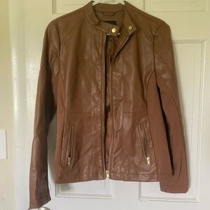 a.n.a Brown Leather Motorcycle Jacket with Stand-Up Collar